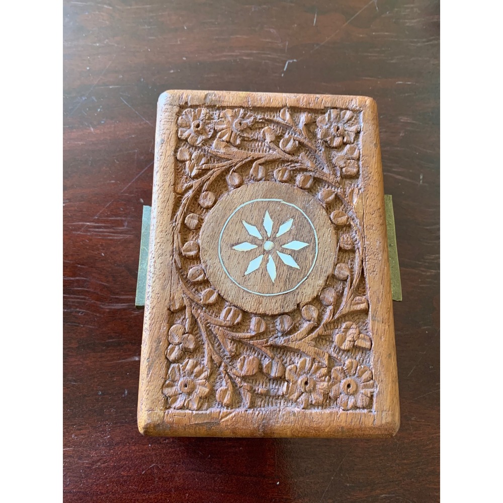 Vintage Hand Carved Wood Trinket Box Inlay Floral Made in India Red Lining